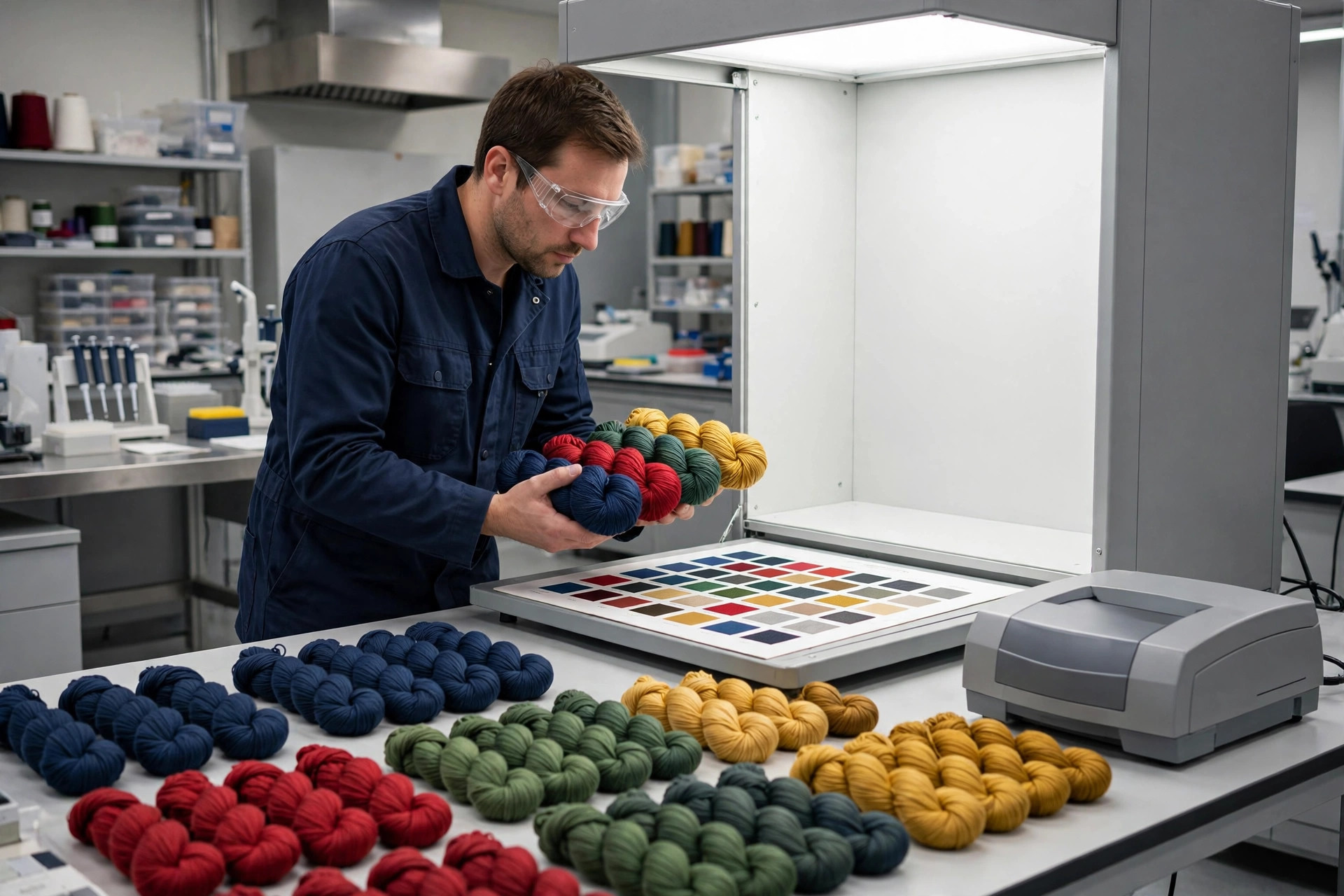 Sample image: a technician comparing dyed yarn skeins against the color card in the color laboratory